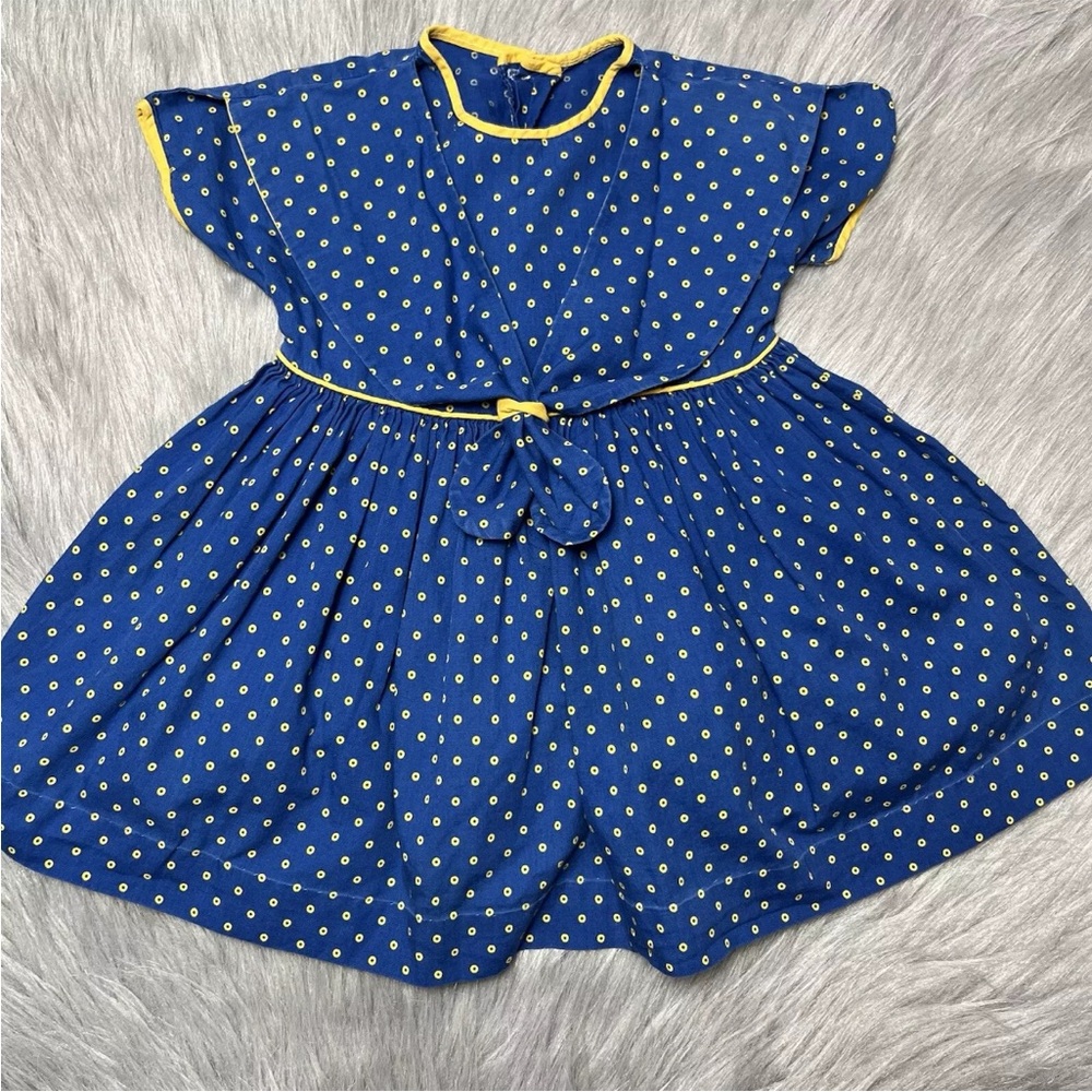 Vintage 1950s Toddler Girls Blue Yellow Tie Back Dot Dress